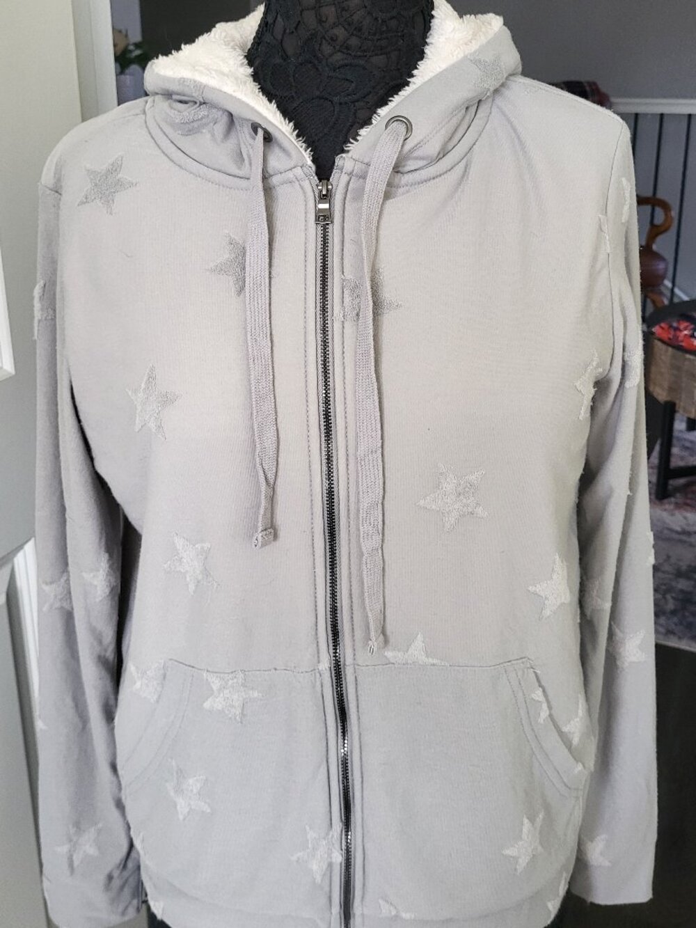 Bobeau NWT Gray Flocked Star Print Zip-Up Sherpa-Lined Hoodie - Size Large